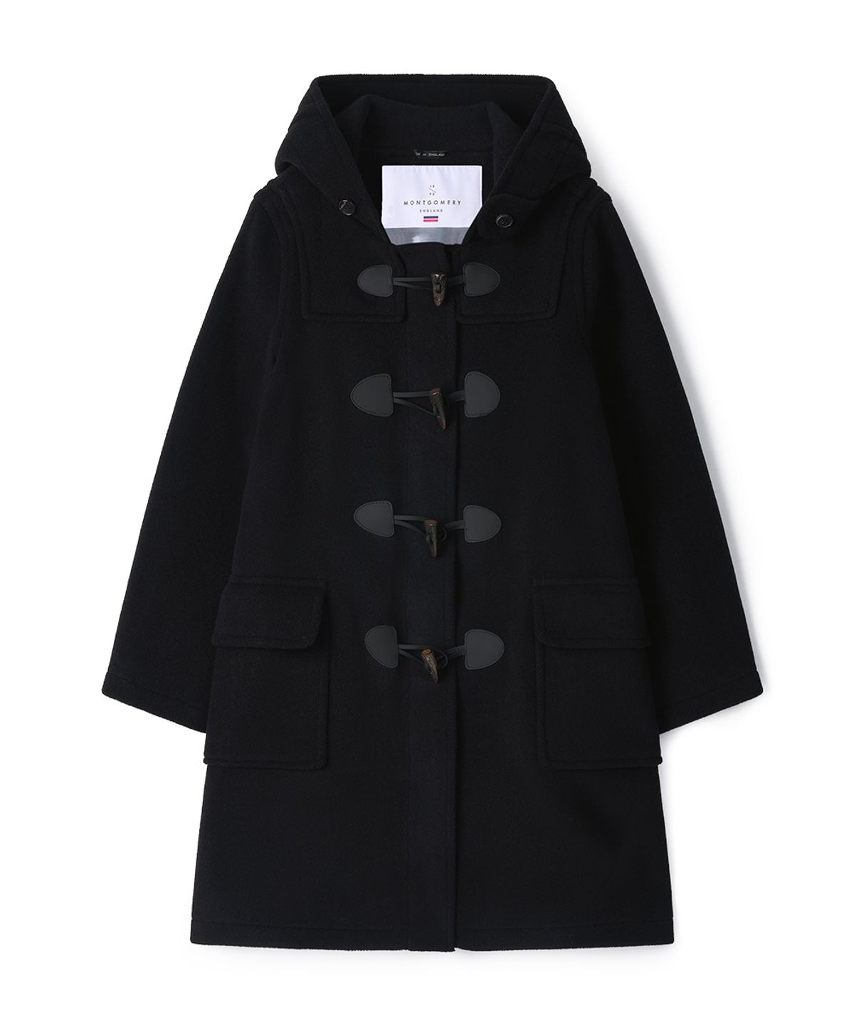 몽고메리(MONTGOMERY) WOMENS CLASSIC HERRINGBONE DUFFLE COAT WITH HORN - BLACK