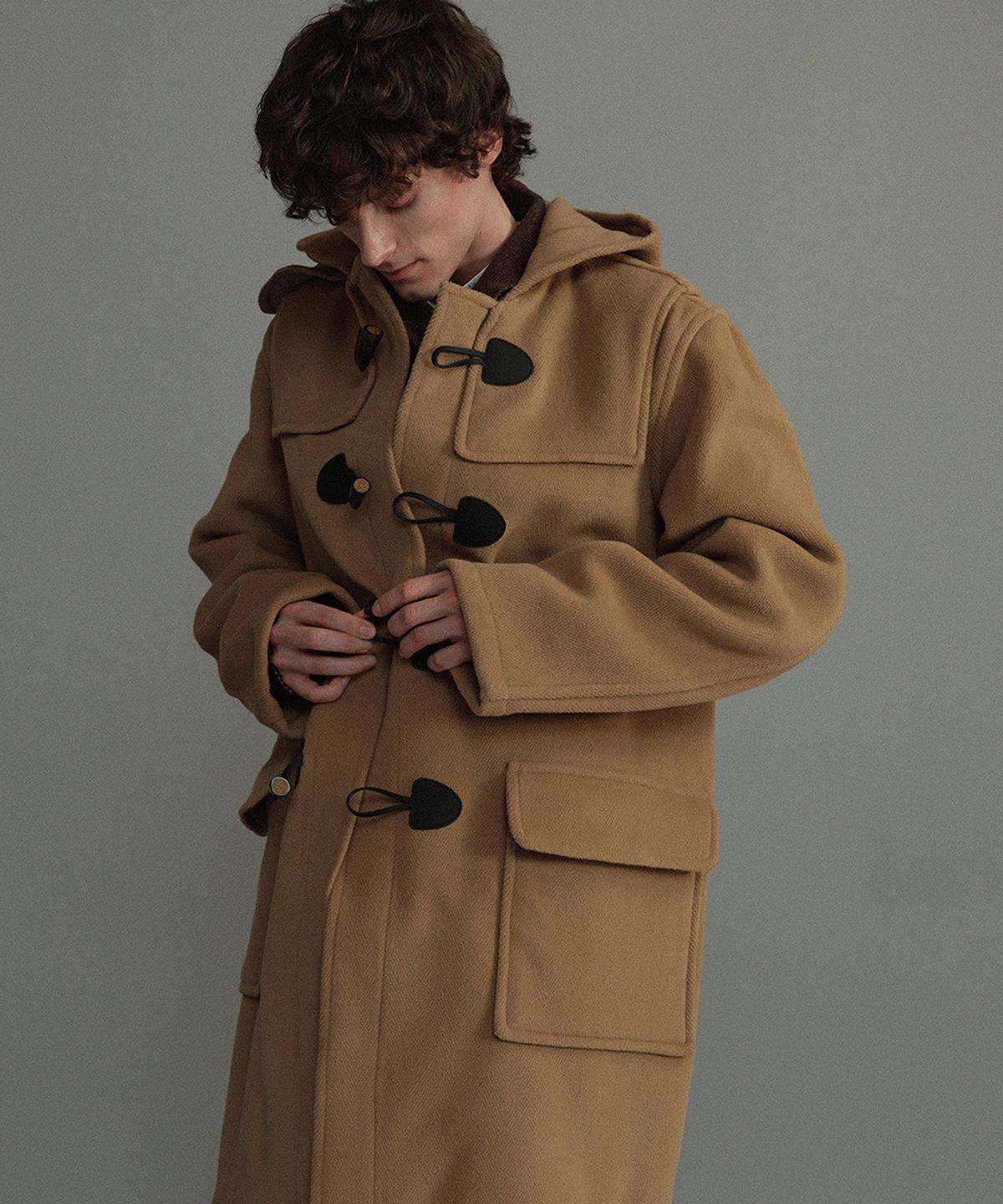 몽고메리(MONTGOMERY) CLASSIC HERRINGBONE DUFFLE COAT WITH HORN - CAMEL