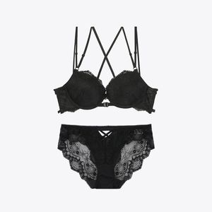 핫썸머 스트링 프론트 훅 브라 / 레이스팬티 세트_블랙