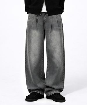빈티지 투턱 워싱 와이드 데님 팬츠 그레이