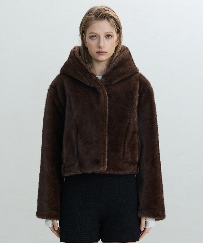 Faux Fur Hoodie Jacket  [BROWN]
