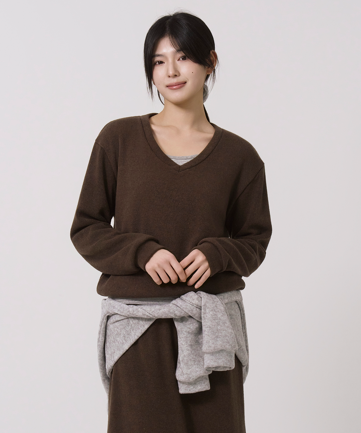 사유(SAYUU) 울 브이넥 풀오버 브라운
