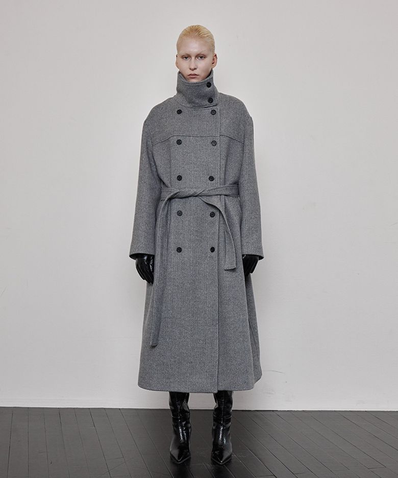 HIGH NECK BELTED COAT GRAY