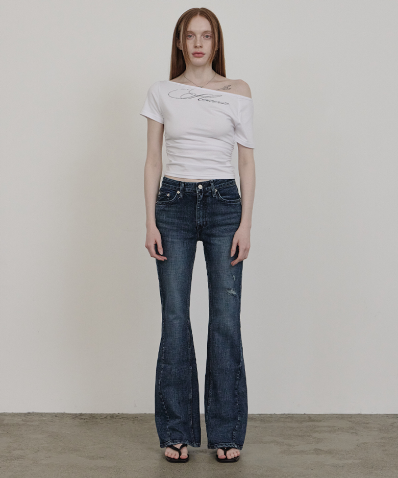SLIT DAMAGE BOOTS CUT PANTS VINTAGE BLUE