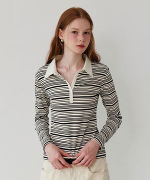 Henley Neck Stripe T-shirt_Cream Black