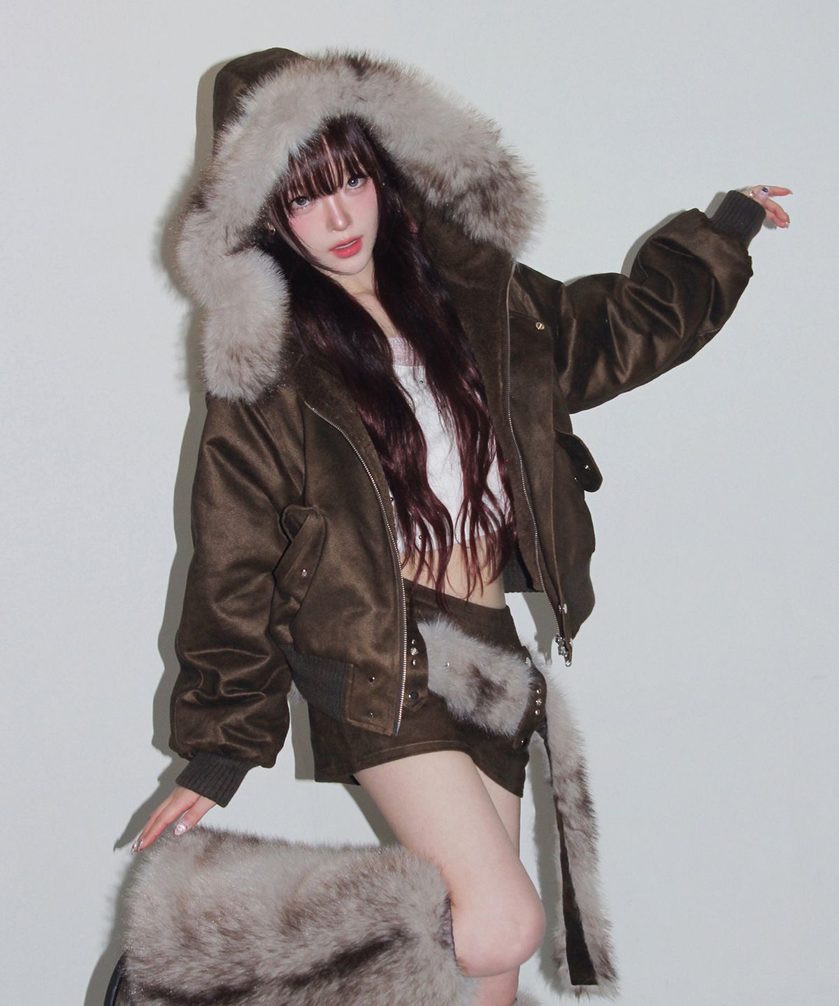 체리퀴리(CHERRYQUIRI) suede fur hoodie jumper - khaki