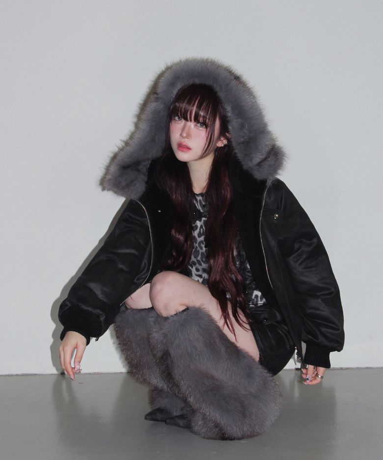 suede fur hoodie jumper - black