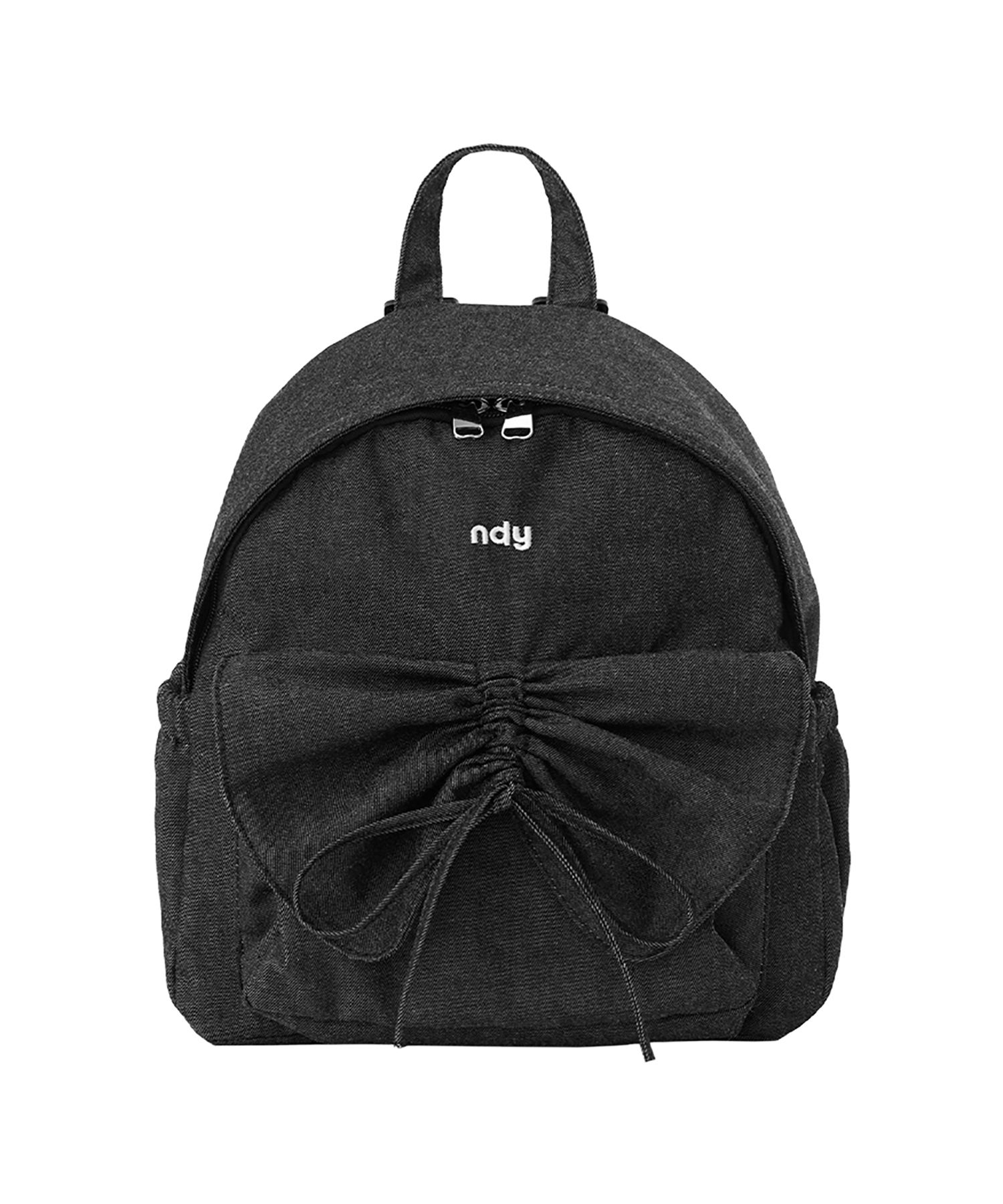 black denim mini backpack PEBBLE orange stitch runs vertically through the center flap and horizontally across the upper body Black Denim Big Backpack