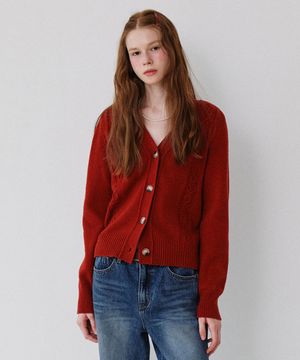V-Neck Cable Knit Cardigan_Red