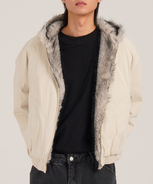 세미 크롭 라쿤 퍼 코튼 후드 집업 나그랑 워크 자켓 (아이보리)