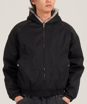 세미 크롭 라쿤 퍼 코튼 후드 집업 나그랑 워크 자켓 (블랙)