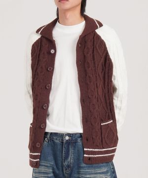 케이블 니트 나그랑 카라 가디건 (브라운)