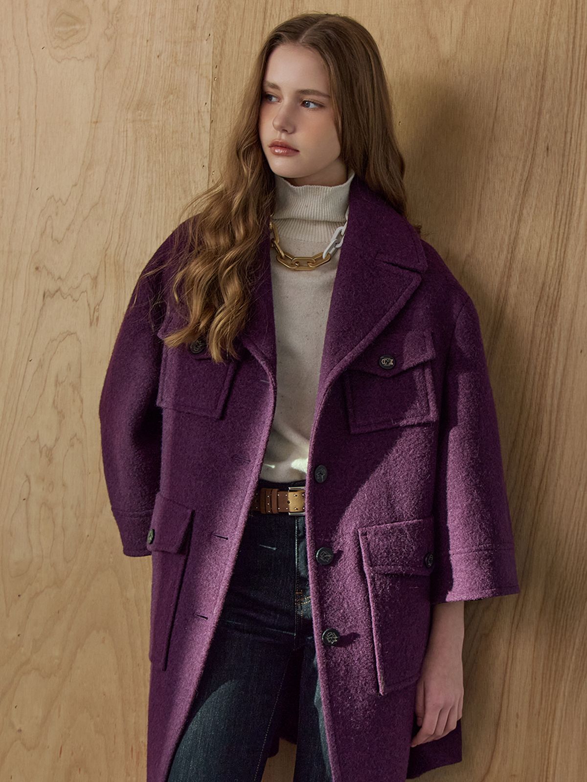 마쟈(MAXZA) 더블 플랩 아웃 포켓 부클 하프 코트