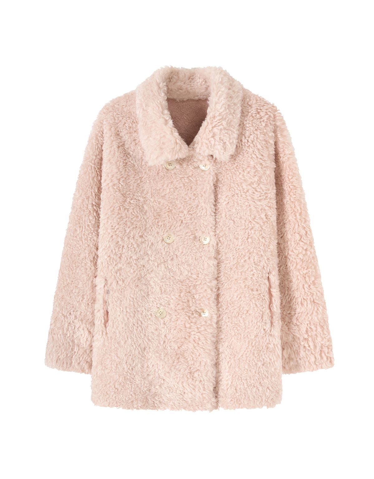 트위디아(TWEEDY-A) Melissa Teddy Bear Double Button Fur Shearling Midi coat Baby Pink