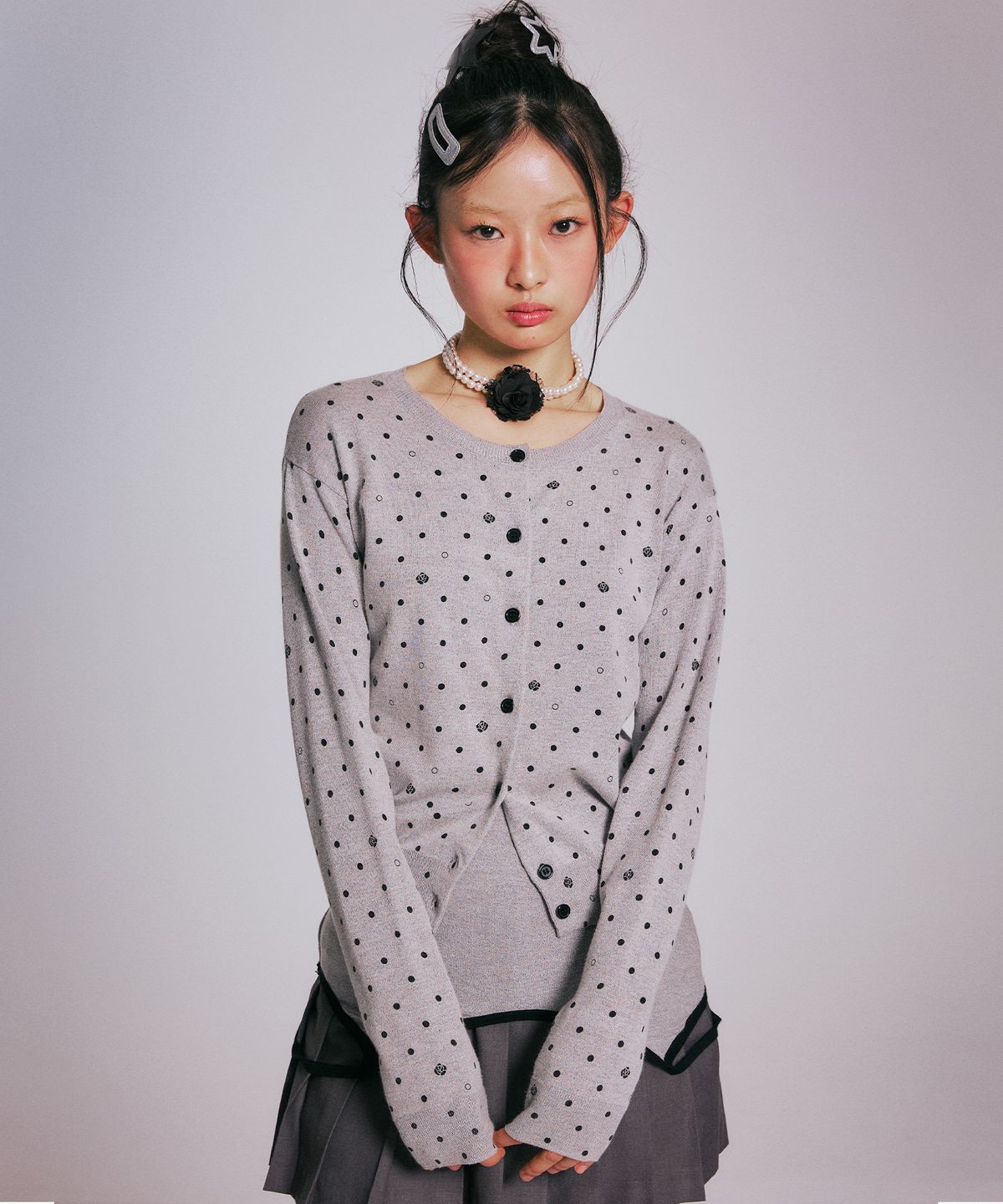 유희(YOUHEE) ROSE DOT KNIT CARDIGAN_MELANGE GREY