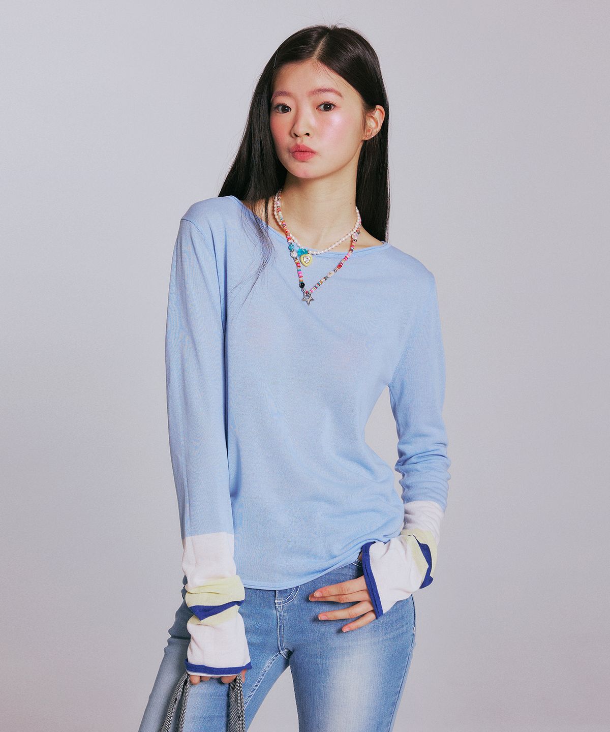 유희(YOUHEE) COLOR BLOCKED LONG SLEEVE KNIT_BLUE