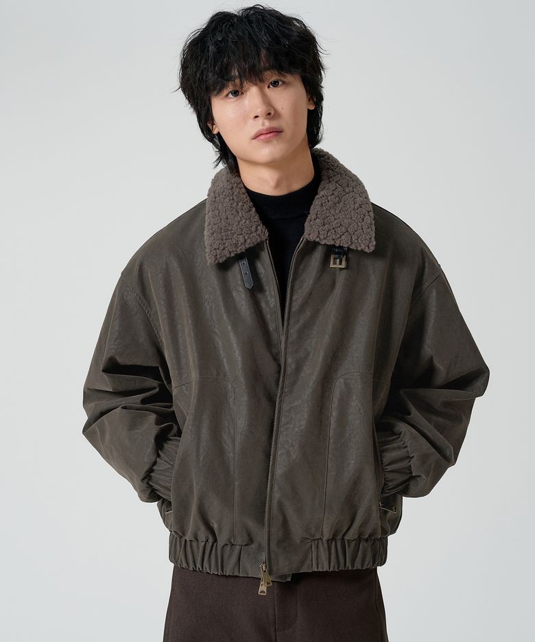 퍼 카라 무스탕 자켓 - 카키