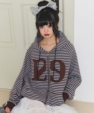 129 로고 패치 후드 집업 스트라이프 브라운