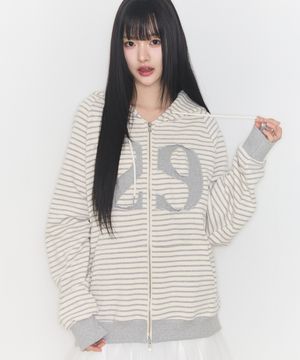 129 로고 패치 후드 집업 스트라이프 아이보리