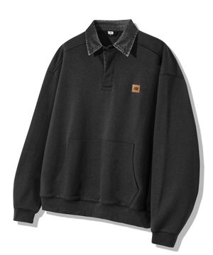 레더 패치 데님 카라 럭비 맨투맨_피그먼트 차콜