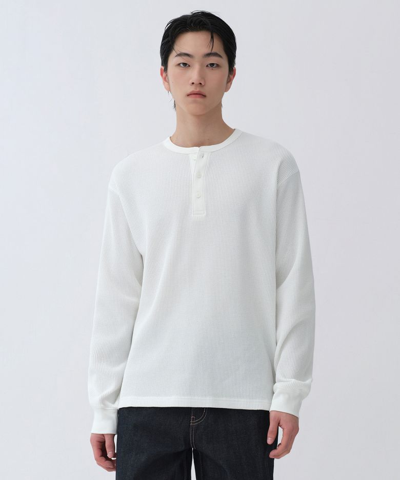 와플 헨리 넥 긴소매 티셔츠 [아이보리]