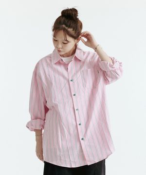 배색 스트라이프 긴팔셔츠 (핑크)