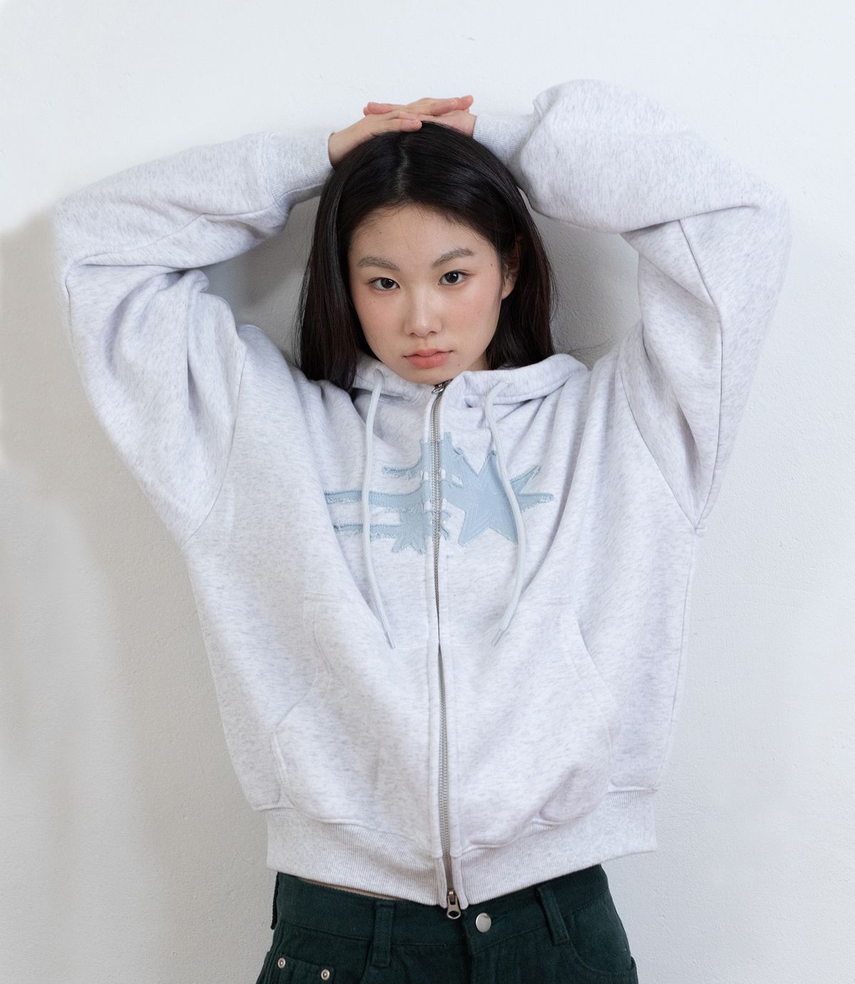 나이스고스트클럽(NICEGHOSTCLUB) 3STAR APPLIQUE HOODIE ZIP UP_LIGHT GREY(NG2GSUM490A)