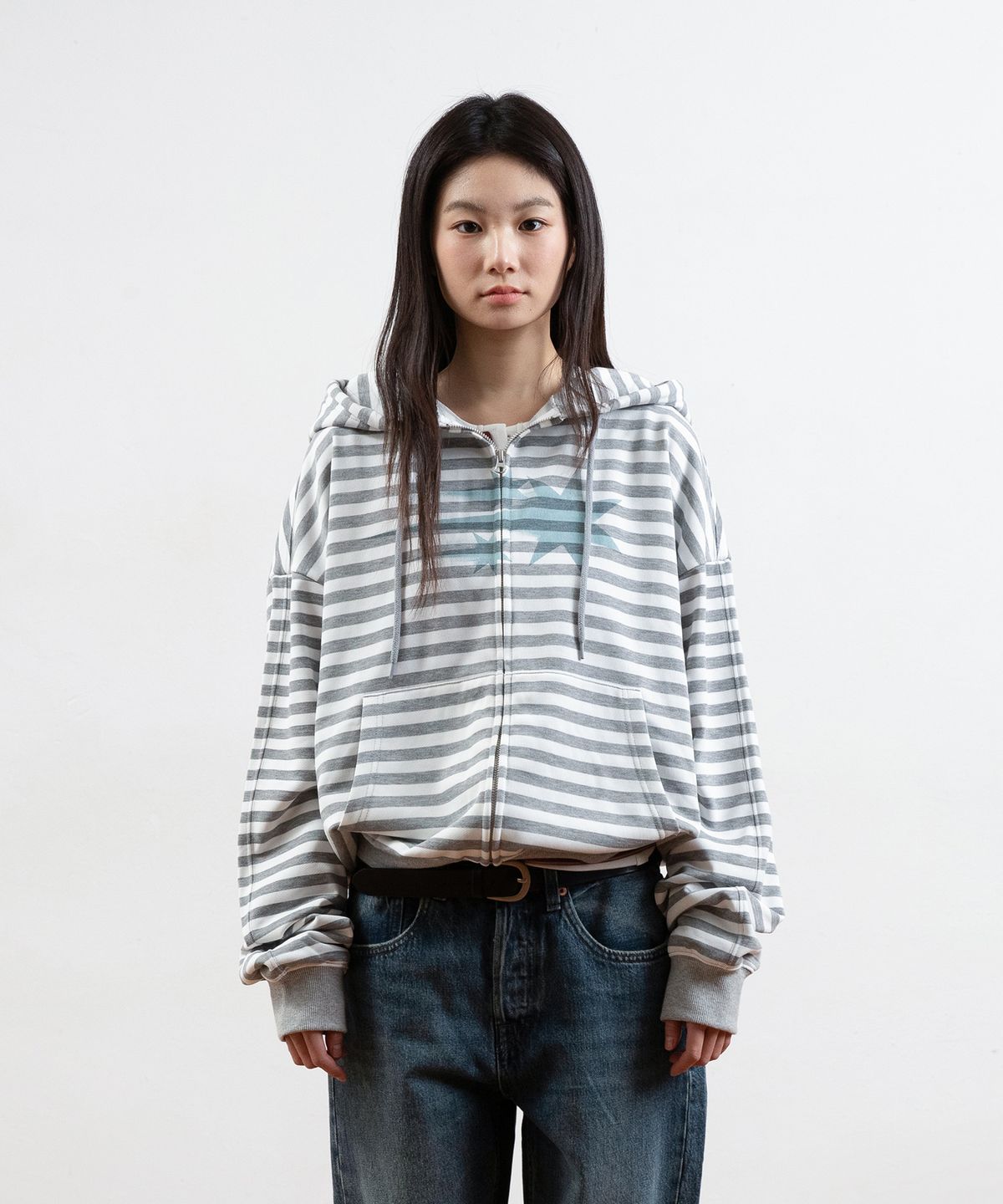나이스고스트클럽(NICEGHOSTCLUB) STRIPE RUSH 3STAR HOODIE ZIP UP_GREY(NG2GSUM491A)