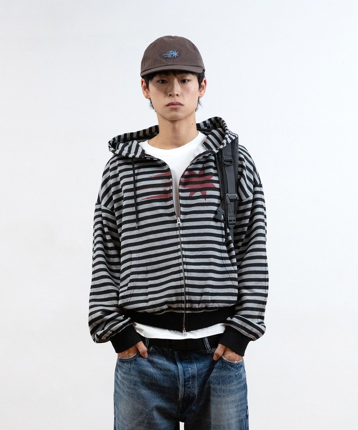 나이스고스트클럽(NICEGHOSTCLUB) STRIPE RUSH 3STAR HOODIE ZIP UP_BLACK(NG2GSUM491A)
