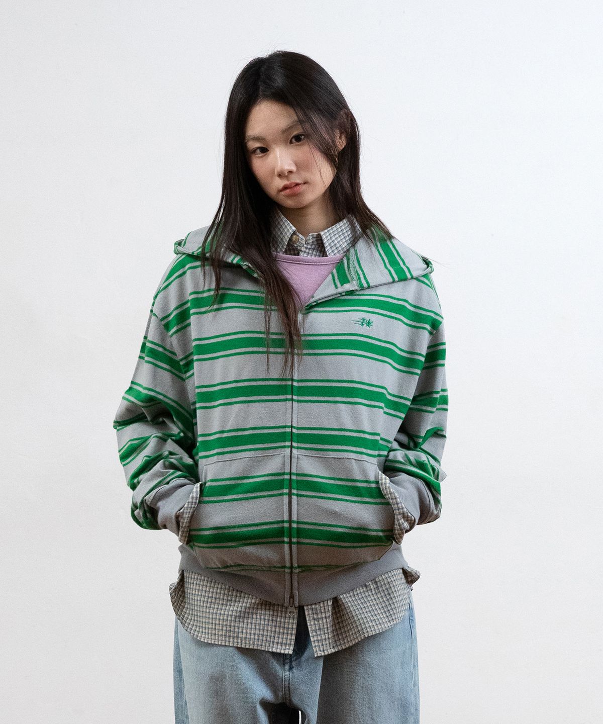 나이스고스트클럽(NICEGHOSTCLUB) MULTI STRIPE 3STAR HOODIE ZIP UP_GREY(NG2GSUM494A)