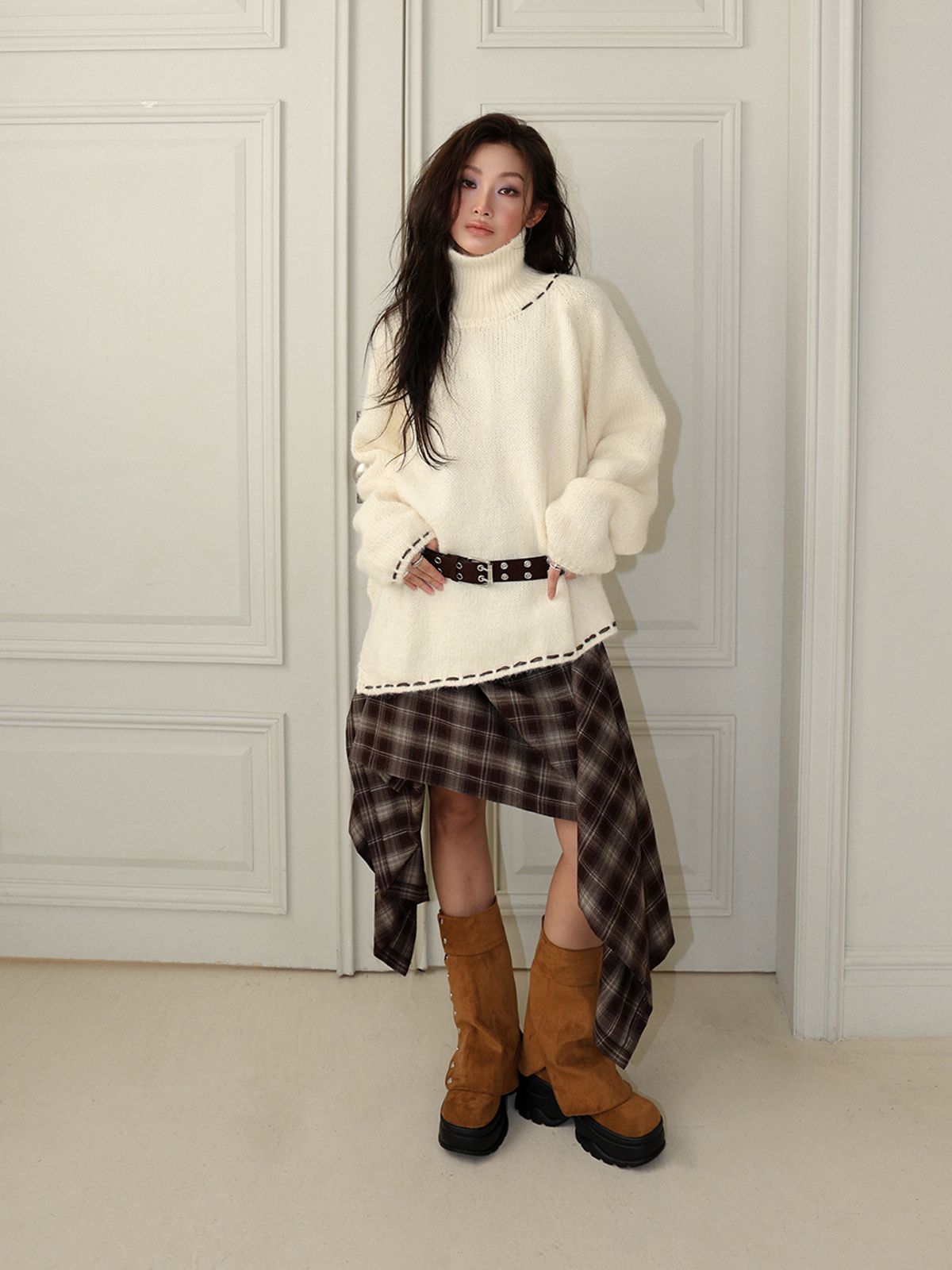 민더리(MEENDERI) TURTLENECK STITCH KNIT TOP - IVORY