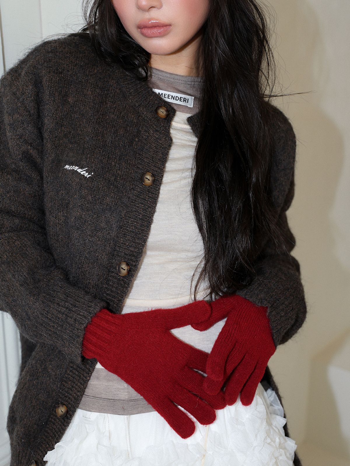 민더리(MEENDERI) MEENDERI LOGO WOOL CARDIGAN - BROWN