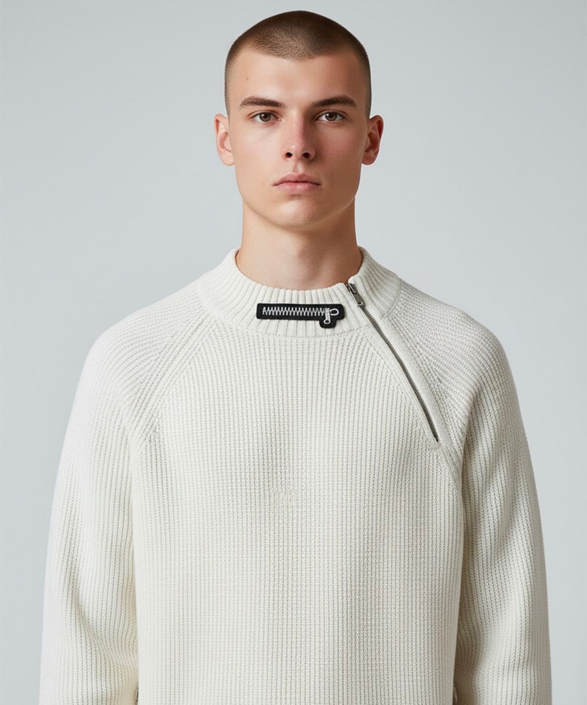 본슬리피(BORN SLIPPY) Muted Asymmetric Zip Rib Knit (Ivory)