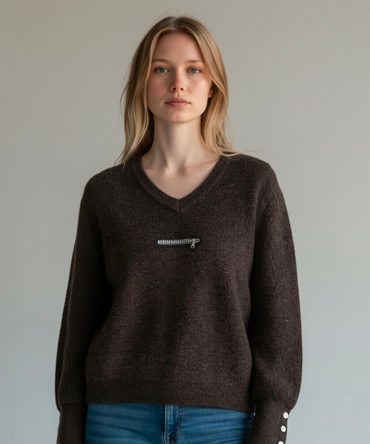 본슬리피(BORN SLIPPY) Muted Zip V-Neck Knit (Brown)