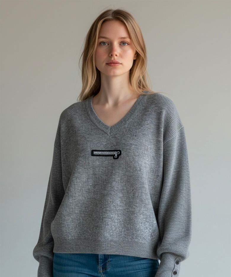 Muted Zip V-Neck Knit (Gray)