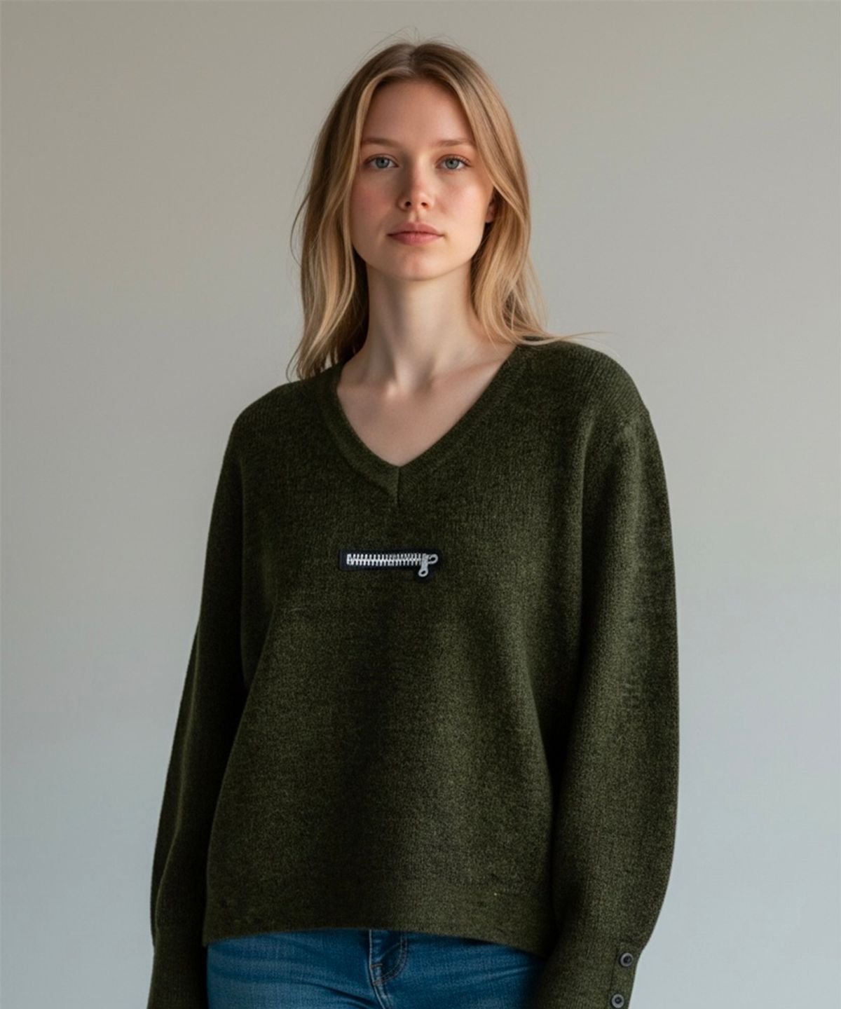본슬리피(BORN SLIPPY) Muted Zip V-Neck Knit (Khaki)