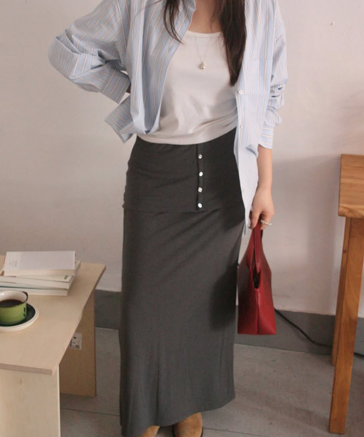 튜드먼트(TTUDEMENT) H-LINE JERSEY MAXI SKIRT_CHARCOAL