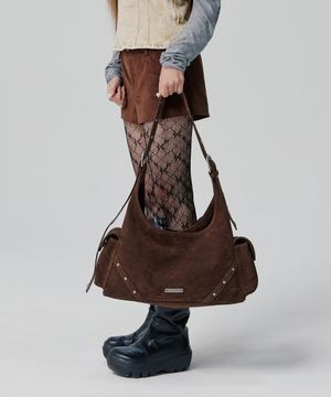 Stud Buckle Suede Bag Brown