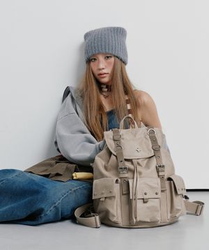 Stud Three-Pocket Backpack Beige