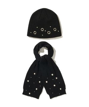 (DUC) Eyelet Stud Beanie & Muffler Black SET