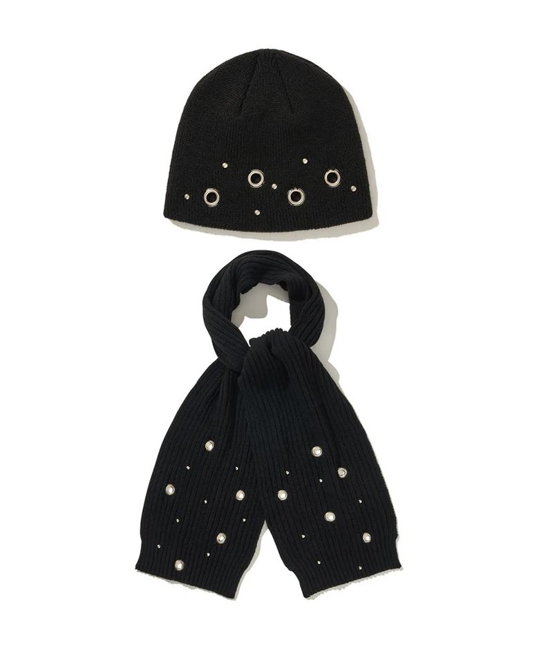 (DUC) Eyelet Stud Beanie & Muffler Black SET