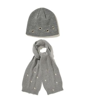 (DUC) Eyelet Stud Beanie & Muffler Gray SET