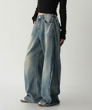 허리 밑단 비조버튼스냅 사이드 핀턱 벌룬 와이드 데님 팬츠_3Color