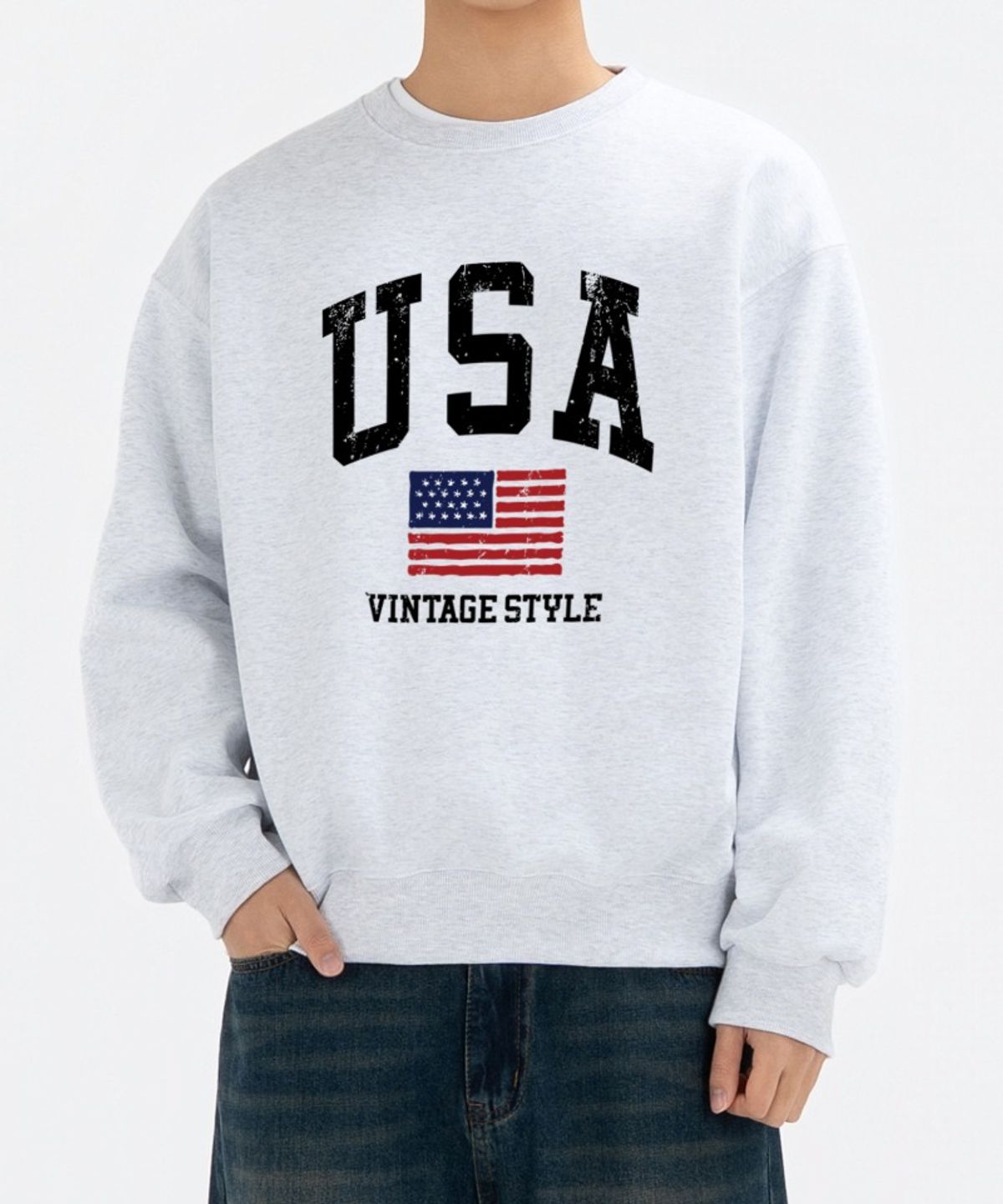 언더오프(UNDEROFF) 피치스킨 에센셜 빈티지USA 기모 맨투맨 화이트멜란지