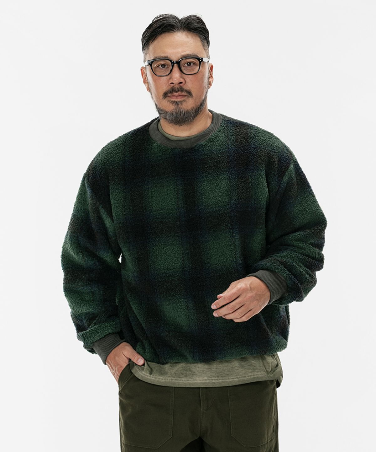 러기드하우스(RUGGED HOUSE) 웜 후리스 체크 맨투맨 그린