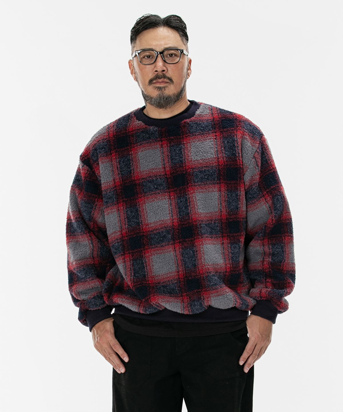 러기드하우스(RUGGED HOUSE) 웜 후리스 체크 맨투맨 레드
