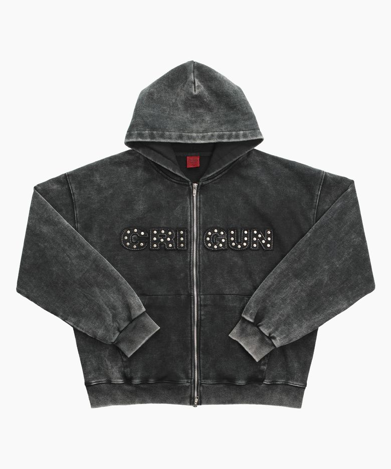 WASHED APPLIQUE RIVET 후드 집업 BLACK