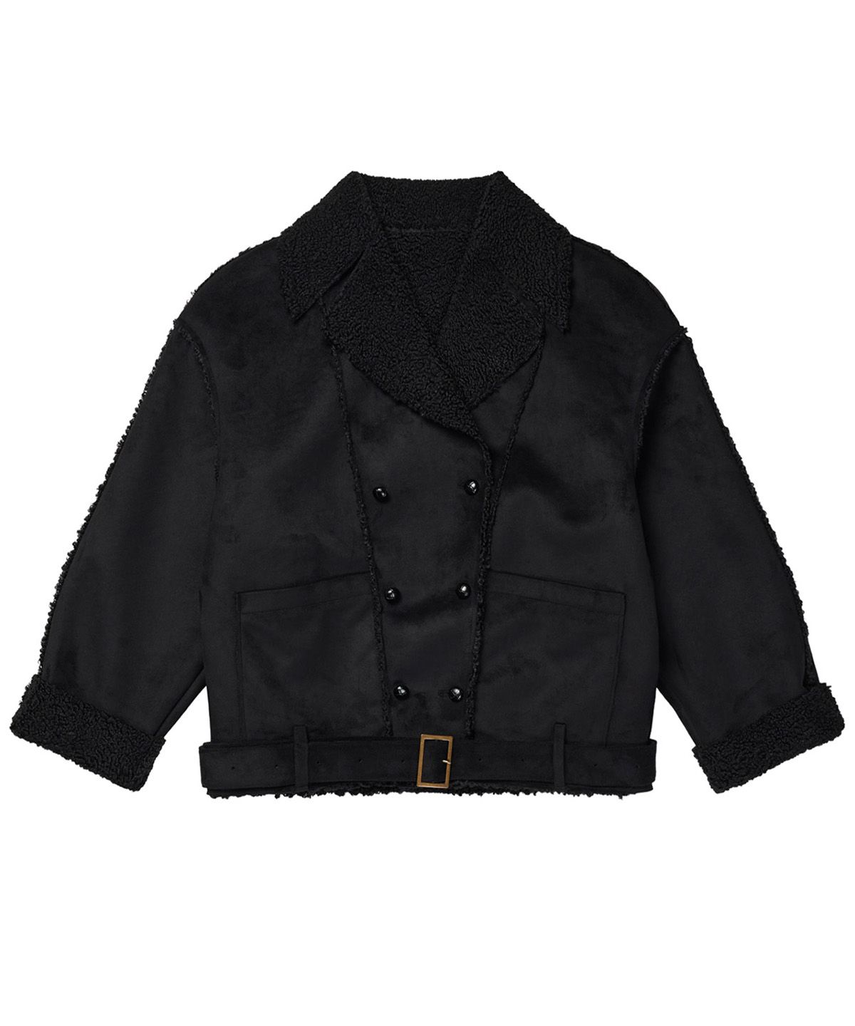 다이닛(DEINET) BUTTON UP BELTED SHEARLING JACKET IN BLACK