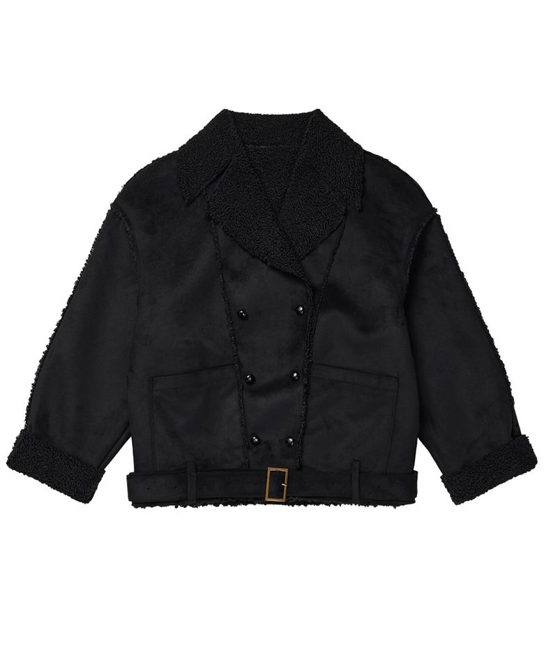 BUTTON UP BELTED SHEARLING JACKET IN BLACK