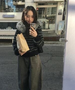 페이크퍼 스트라이프 후드집업_MIWJMG21SS